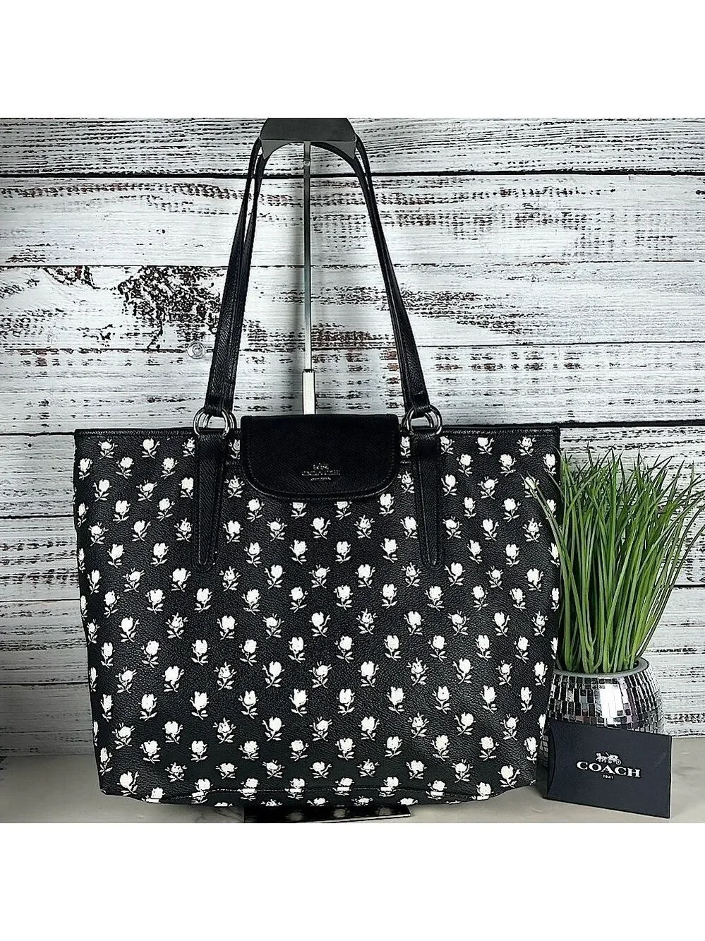Coach 35025 Shoulder Bag Badlands Black White Floral Ward Tote Work Purse Laptop